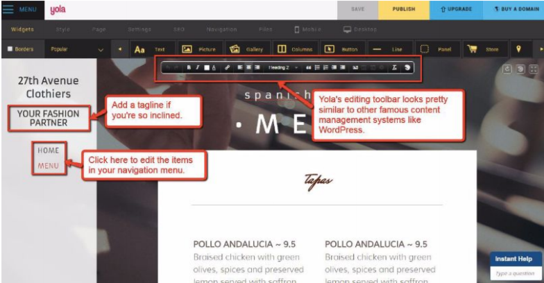 Yola website builder inside look