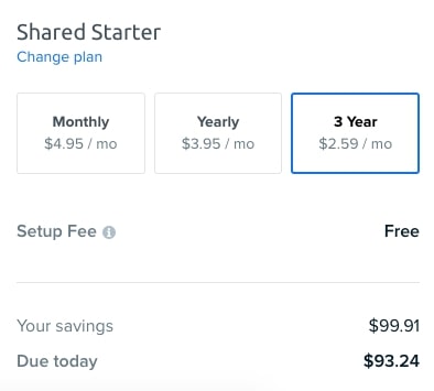 DreamHost Shared Hosting Plan Pricing by Length