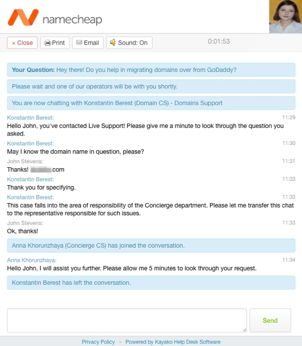 NameCheap Live Chat support