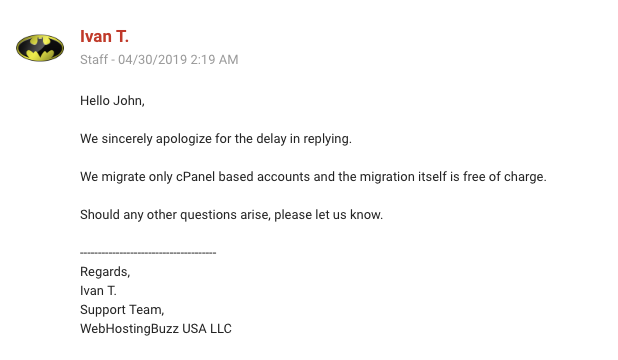 WebHostingBuzz Customer Support Email Reply