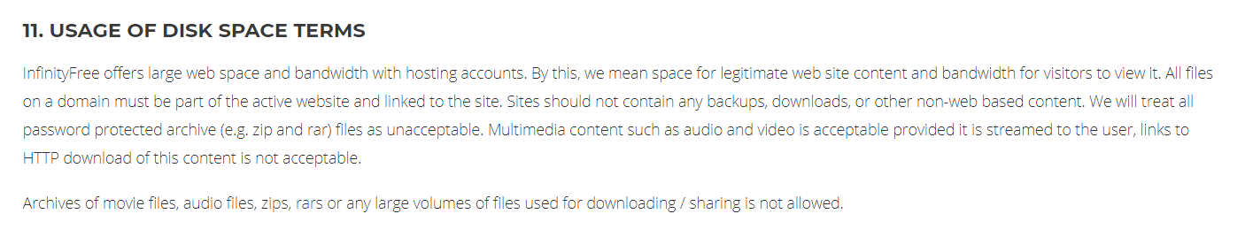 InifnityFree Terms of Usage