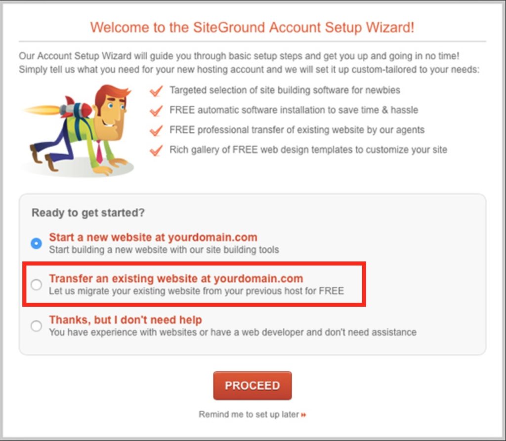 SiteGround setup wizard