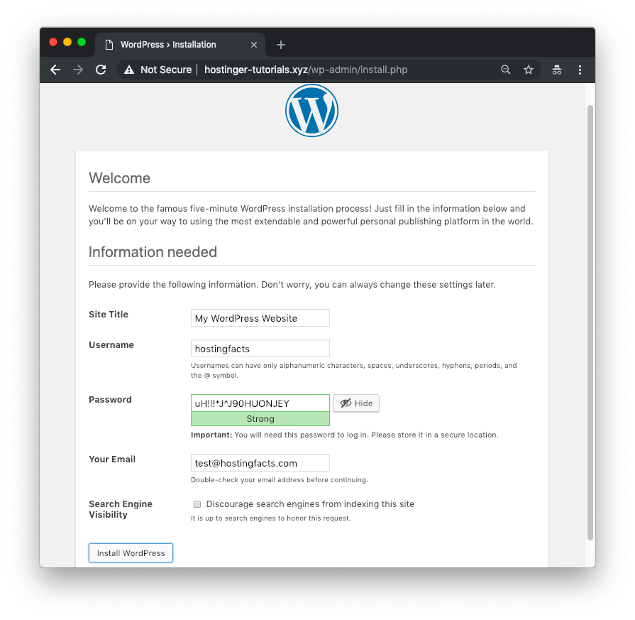 initial WordPress setup