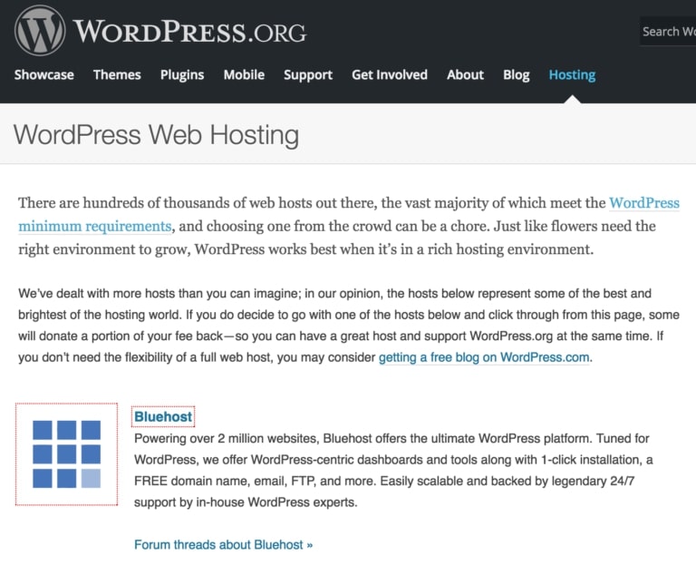 WP.org recommends Bluehost