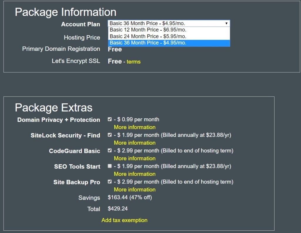 HostMonster detailed pricing