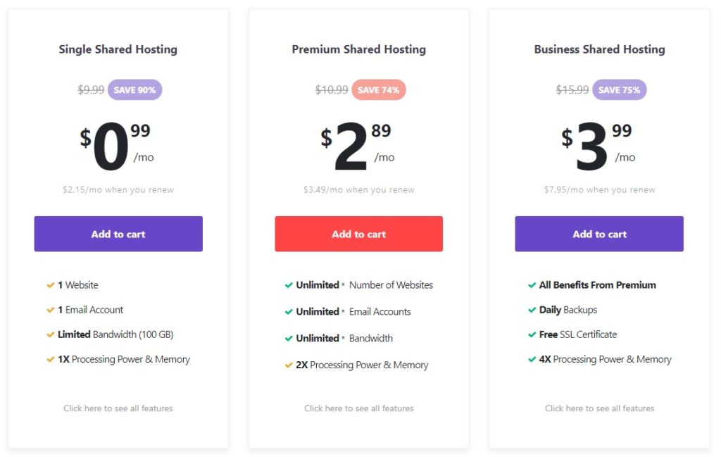 Hostinger shared hosting pricing and plans