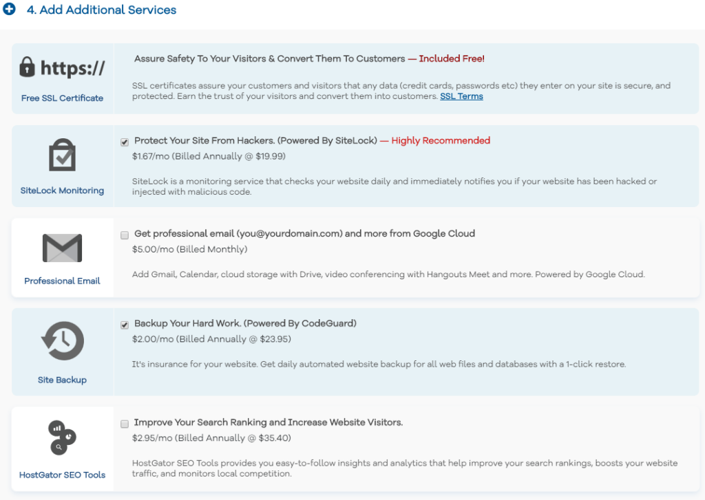 HostGator shared additional services