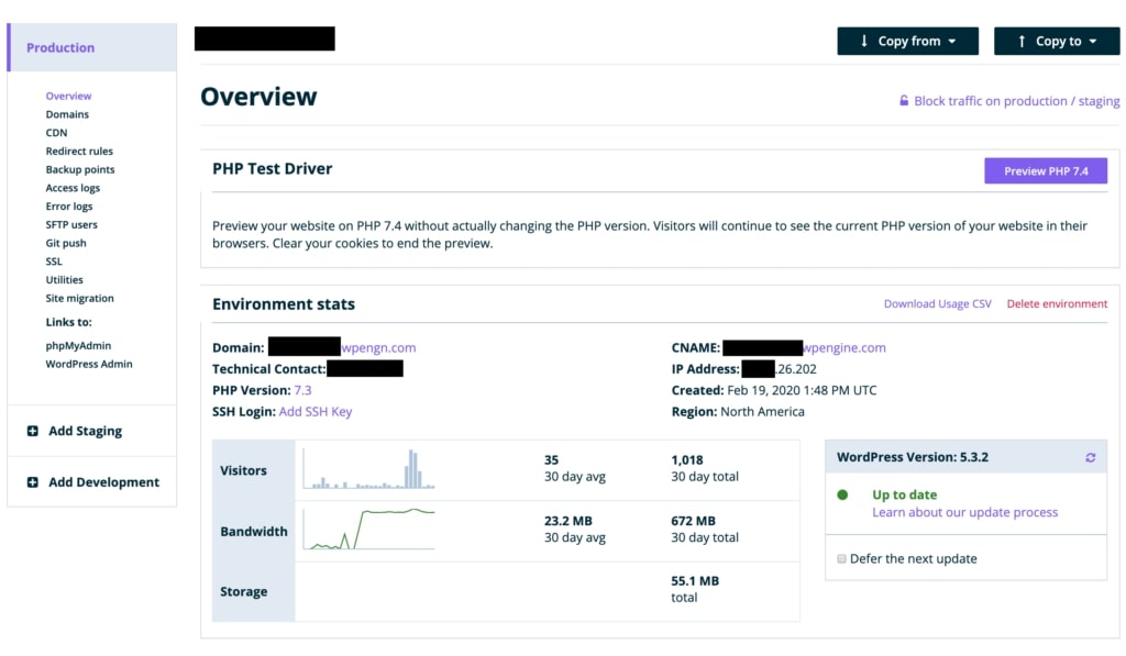 WP Engine backend (admin panel)