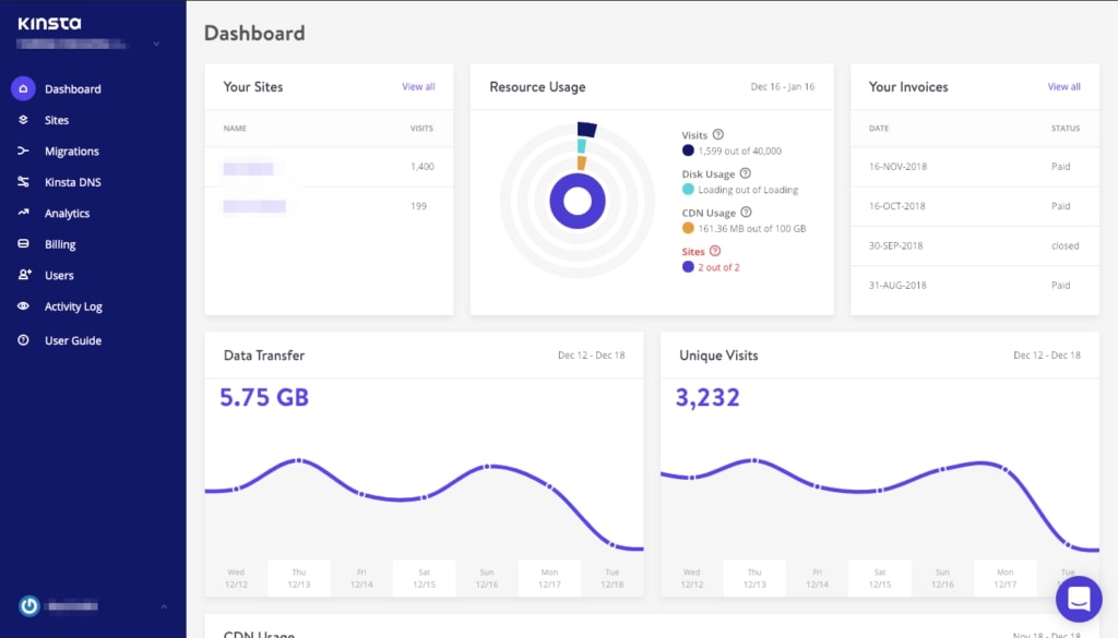 Kinsta dashboard