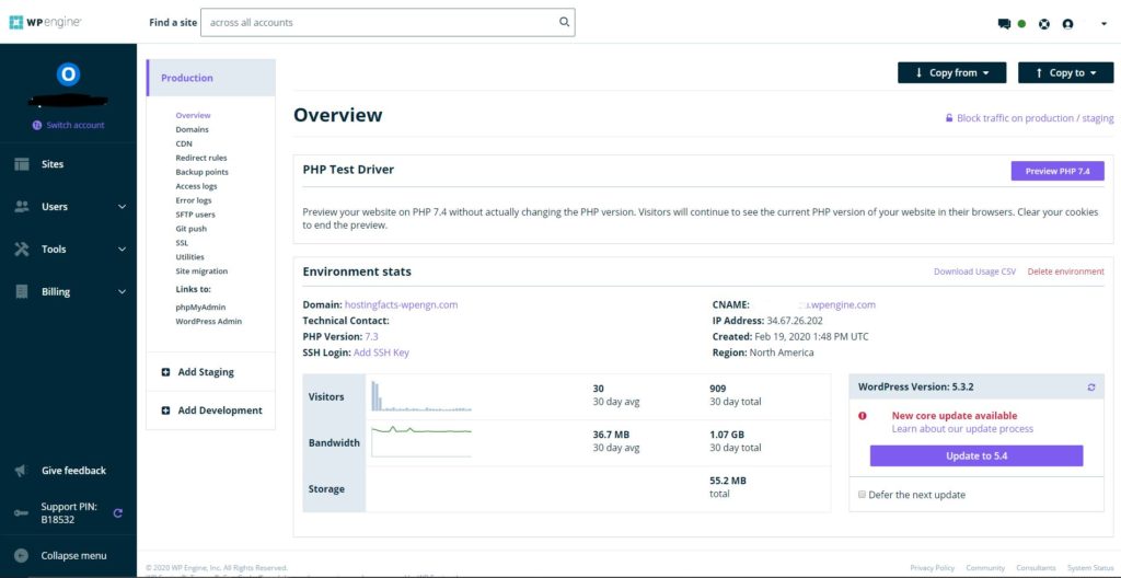 WPEngine dashboard