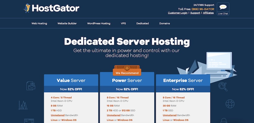 HostGator Dedicated Hosting Homepage