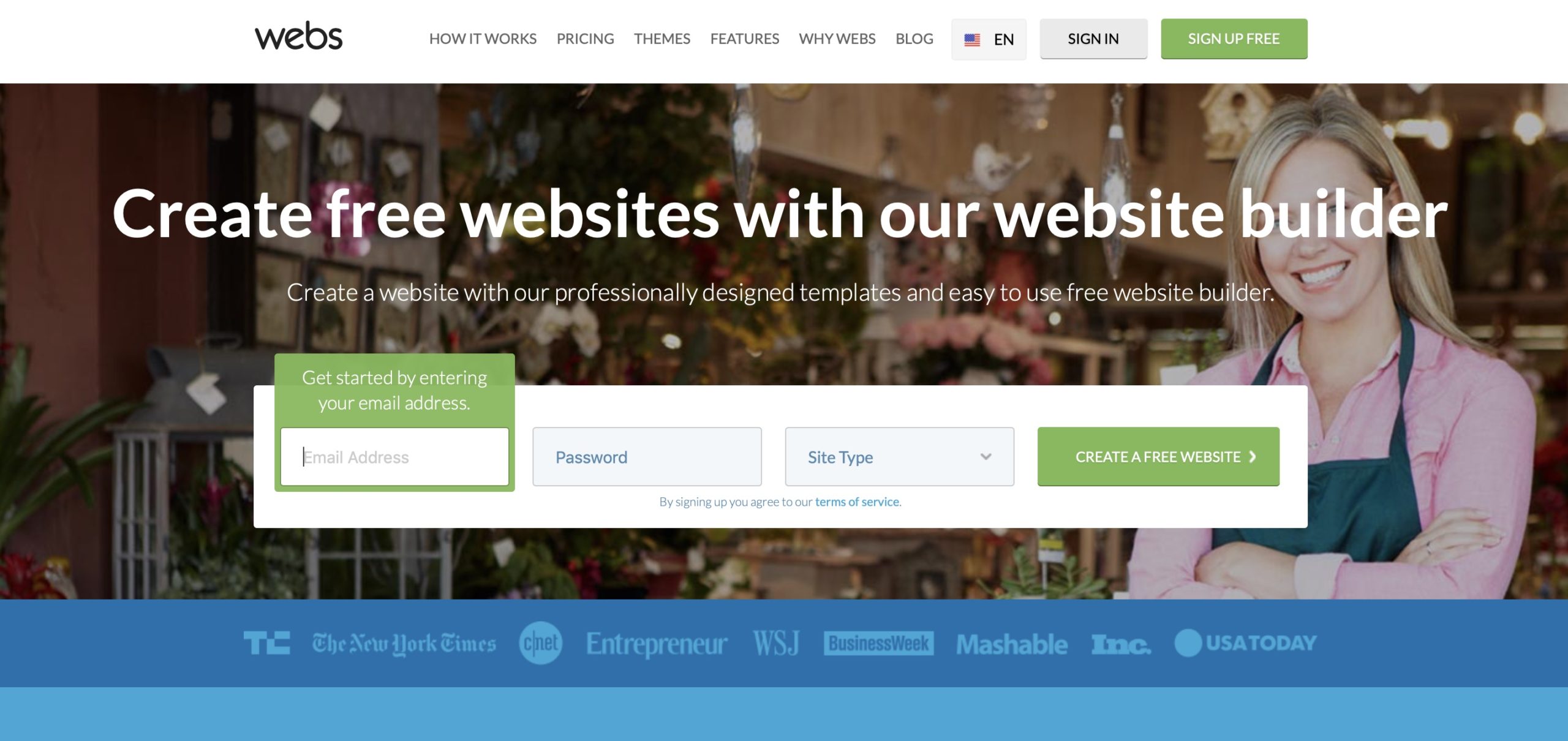 Webs website builder homepage screenshot