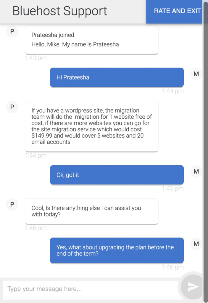 Bluehost support live chat example