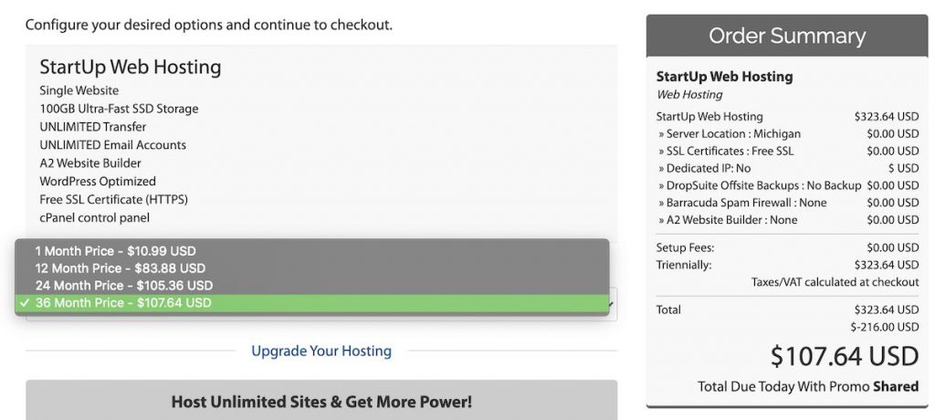 A2 Hosting shared hosting checkout example