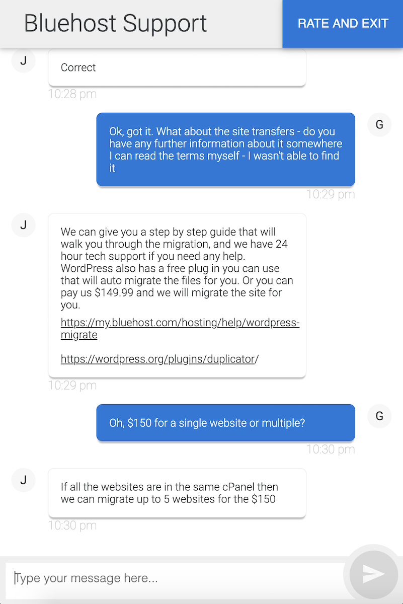 Bluehost Customer Support live chat example