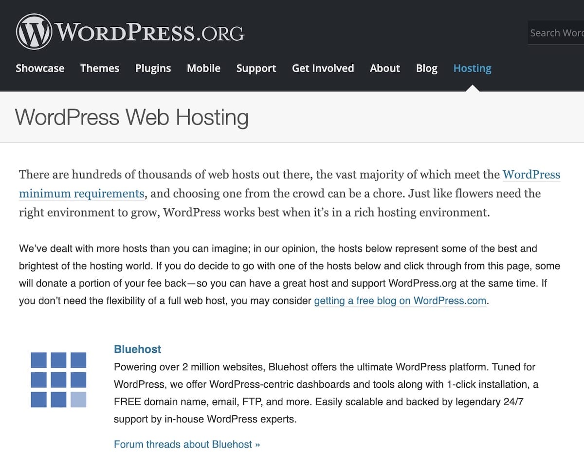 Bluehost official recommendation by WordPress.org