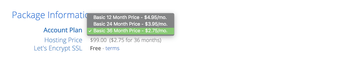 Bluehost shared hosting pricing based on the term example