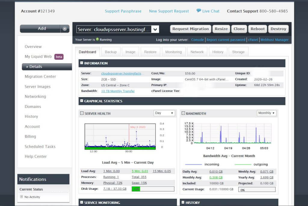 Liquid Web dashboard