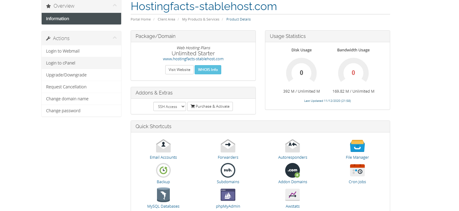 StableHost dashboard